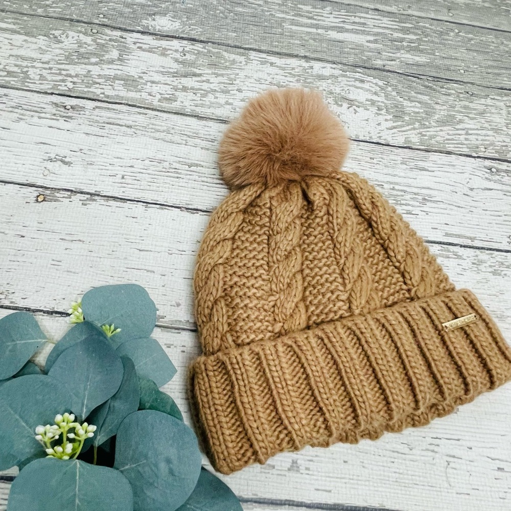 MICHAEL Michael Kors Cable Knit Faux Fur Pom Beanie - Picture 2 of 7